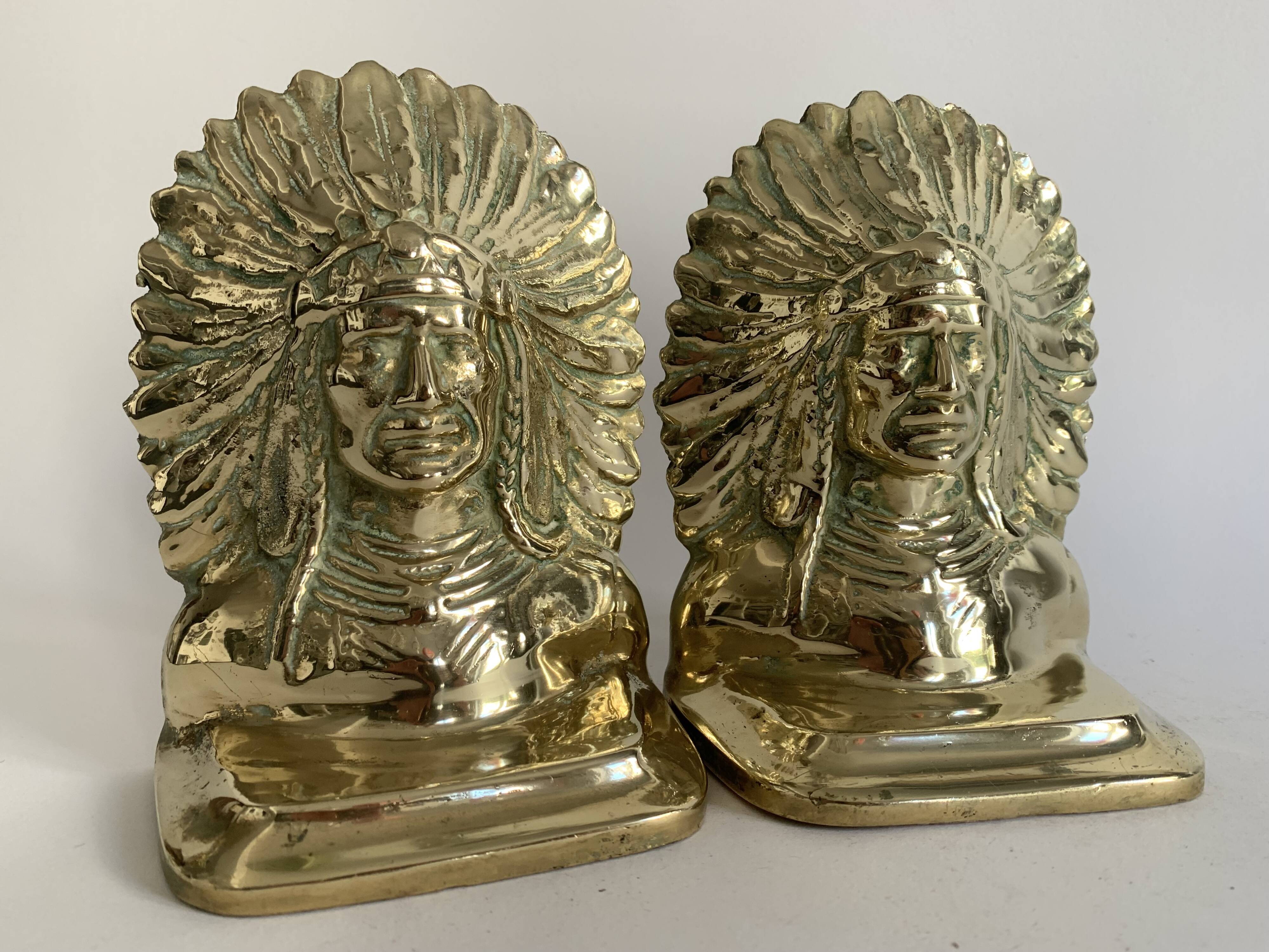 Serre-livres chef indien en laiton massif doré, 1970