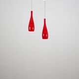 Set of 2 red „Bang“ opal glass pendant lamps by Jacob Bang for Fog & Morup