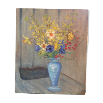 Tableau peinture huile sur toile bouquet de fleurs impressionniste nature morte ancien