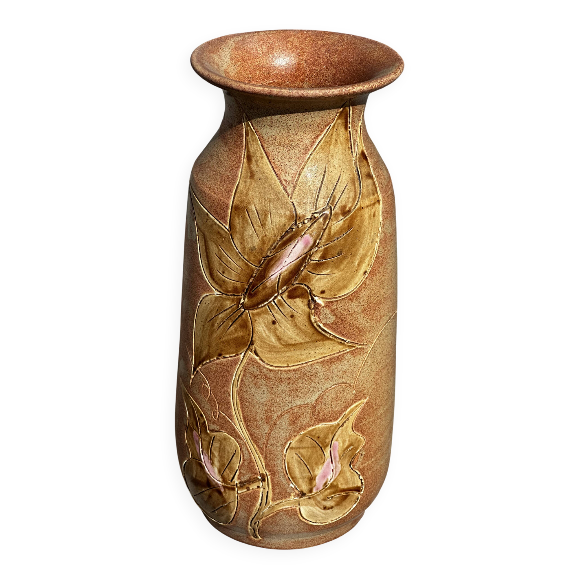 Vintage 1950s ceramic vase with floral decoration - signed Vallauris H 20 cm