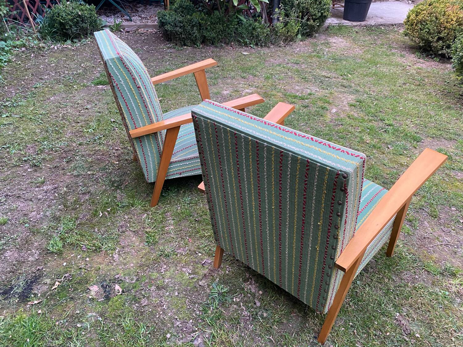 Pair of emerald green fabric armchairs circa 1950