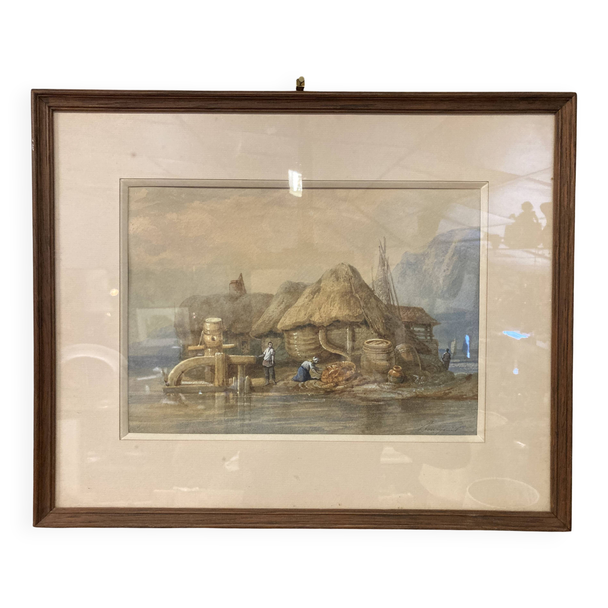 Eugène BOURGEOIS (1855-1909), The Cabestan, framed watercolour 19th century