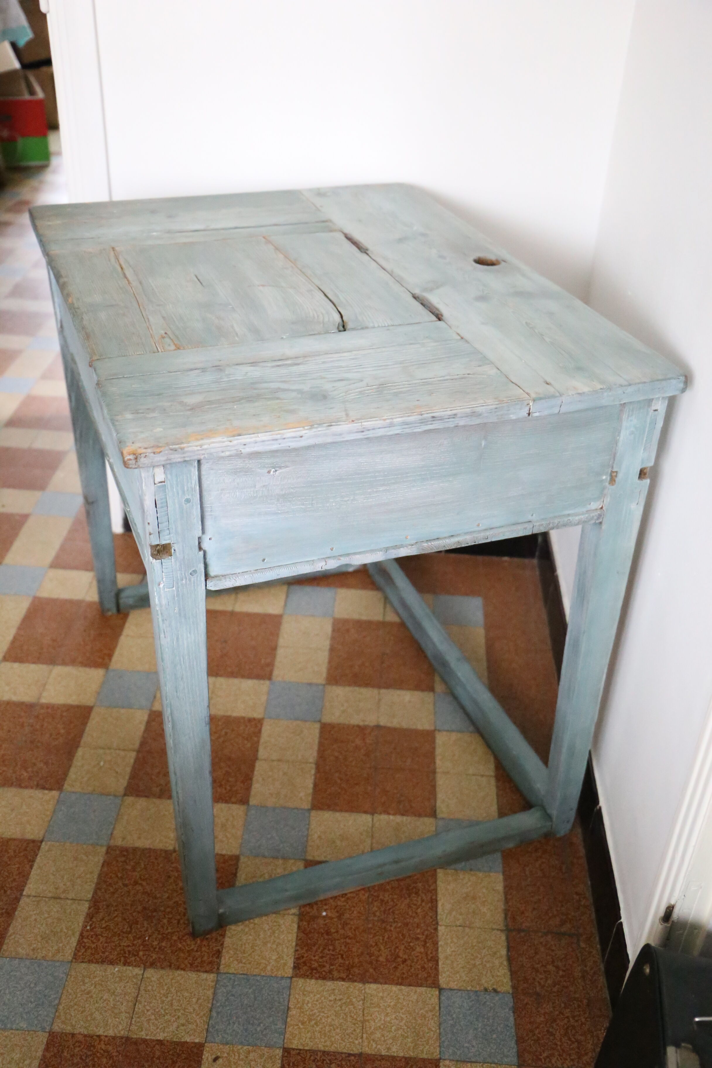 Old box desk, blue lasure