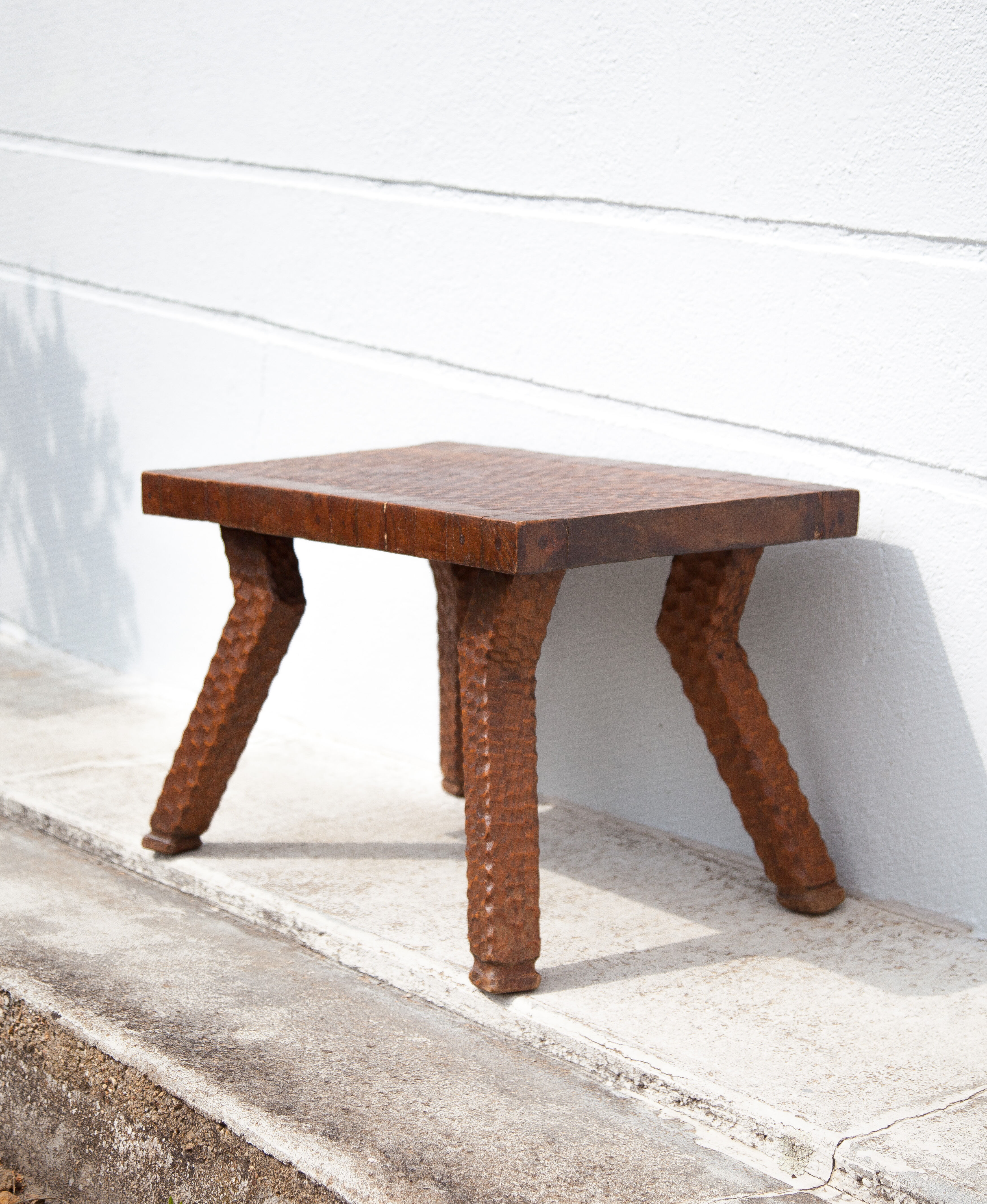 Carved wood coffee table, hammered wood table, side table, living room table, vintage table