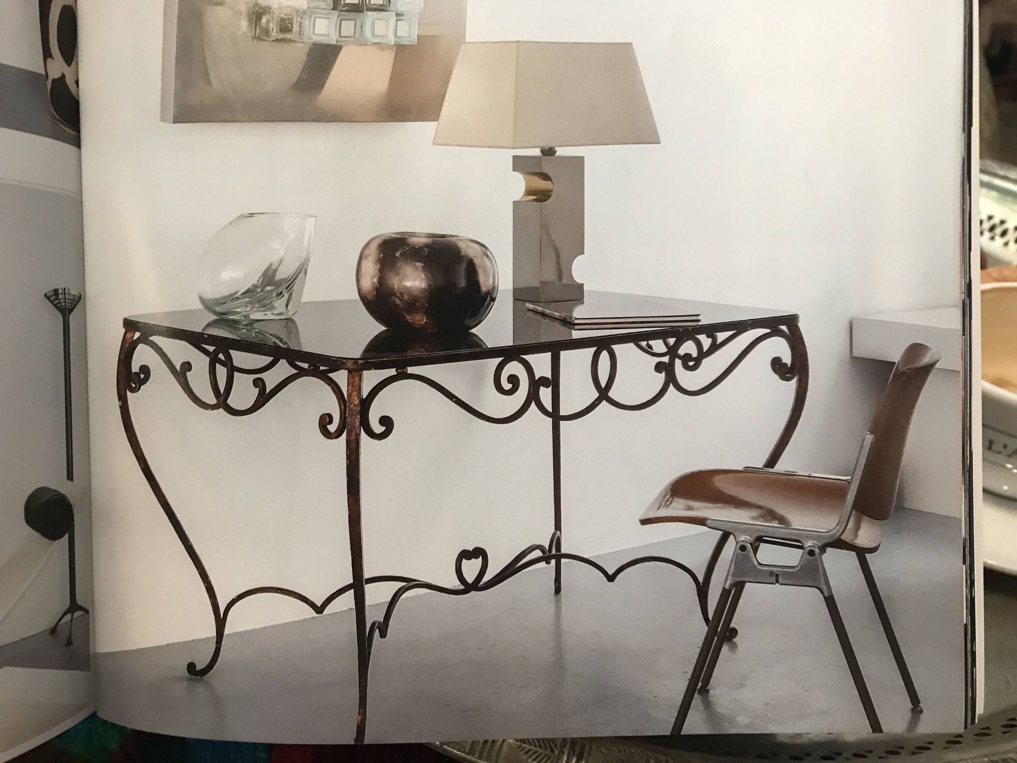 Table à manger Art Déco en fer forgé avec verre noir, années 1930