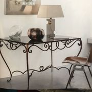 Table à manger Art Déco en fer forgé avec verre noir, années 1930