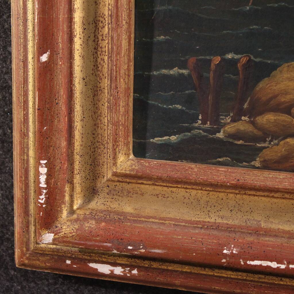 20th century Italian painting of a harbor view