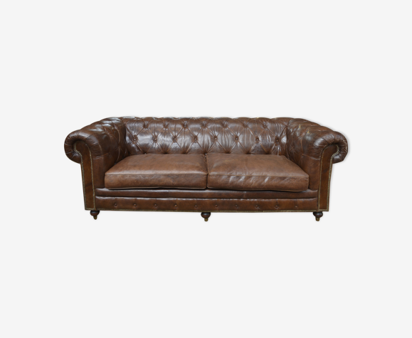 Chesterfield sofa 4 seats in brown leather 1980
