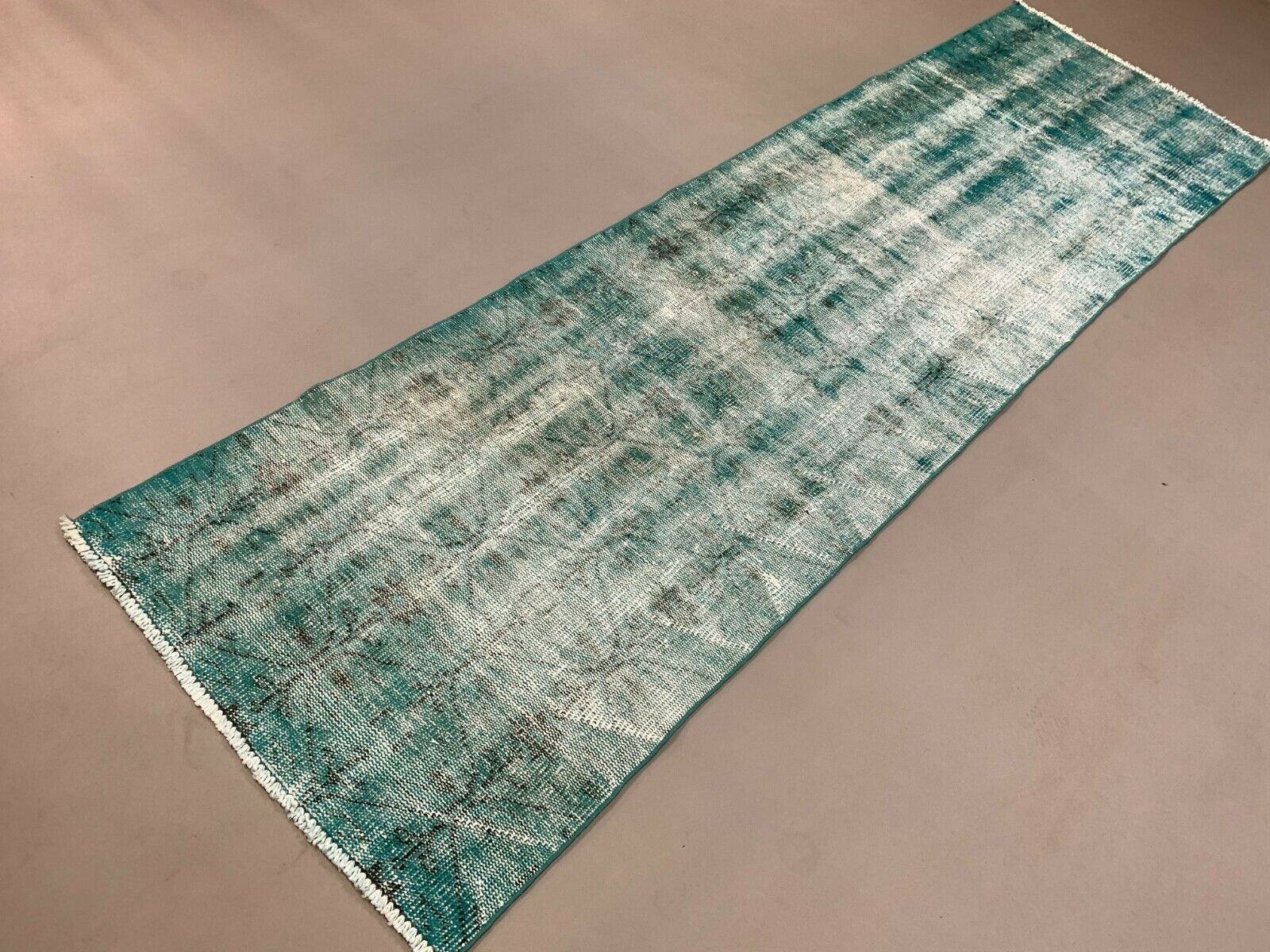 Distressed Turkish Narrow Runner 288x84 cm wool Vintage rug, Overdyed Green