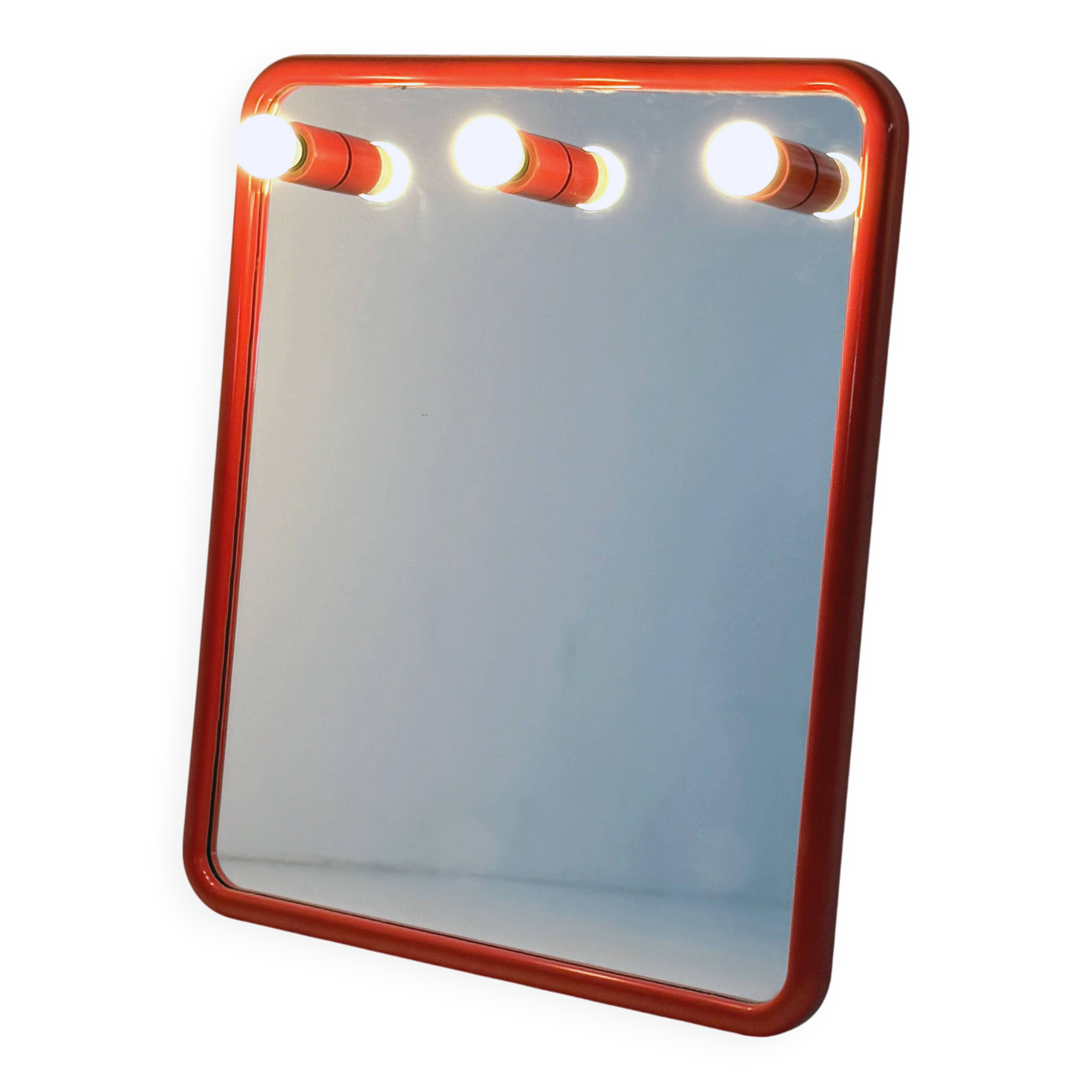 Red mirror with integrated light bulbs by Metalplastica, 1970