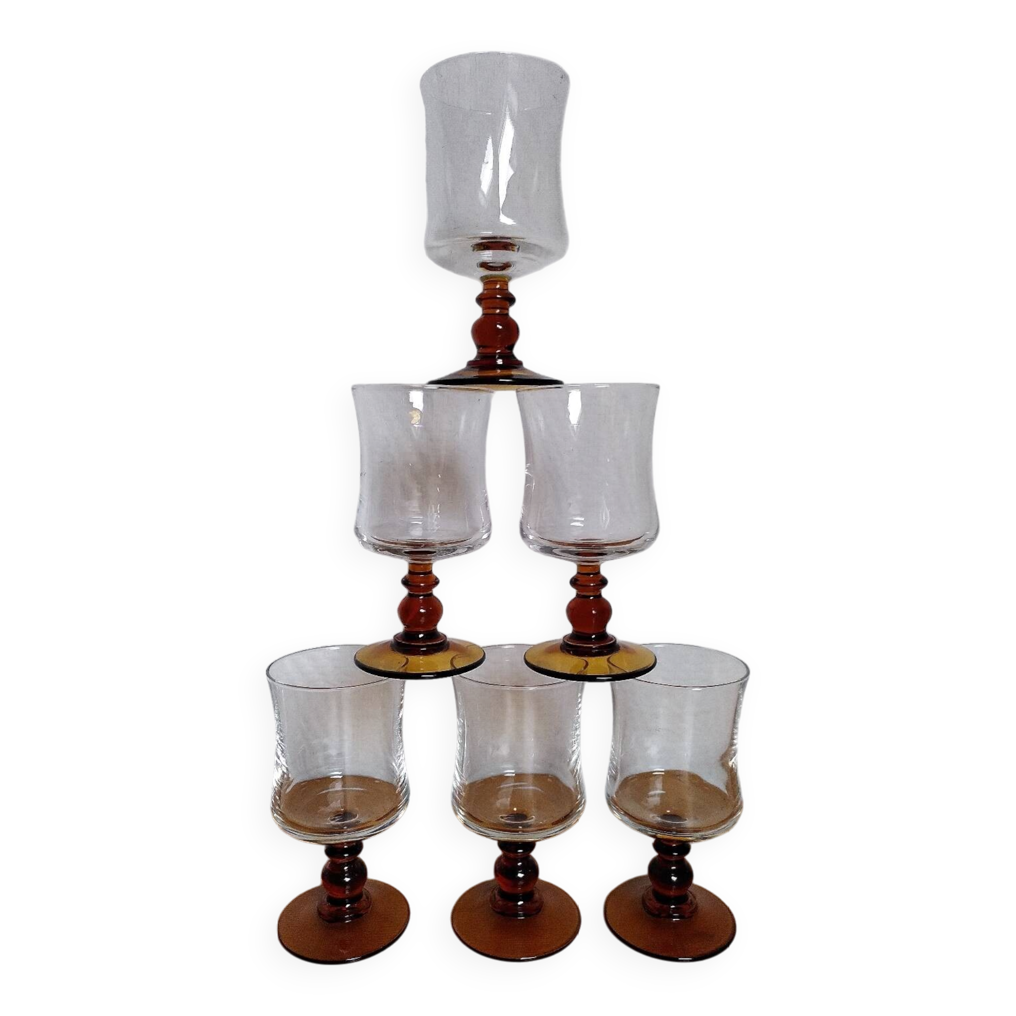 6 amber stemmed glasses