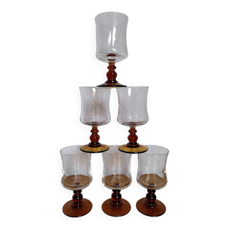6 amber stemmed glasses