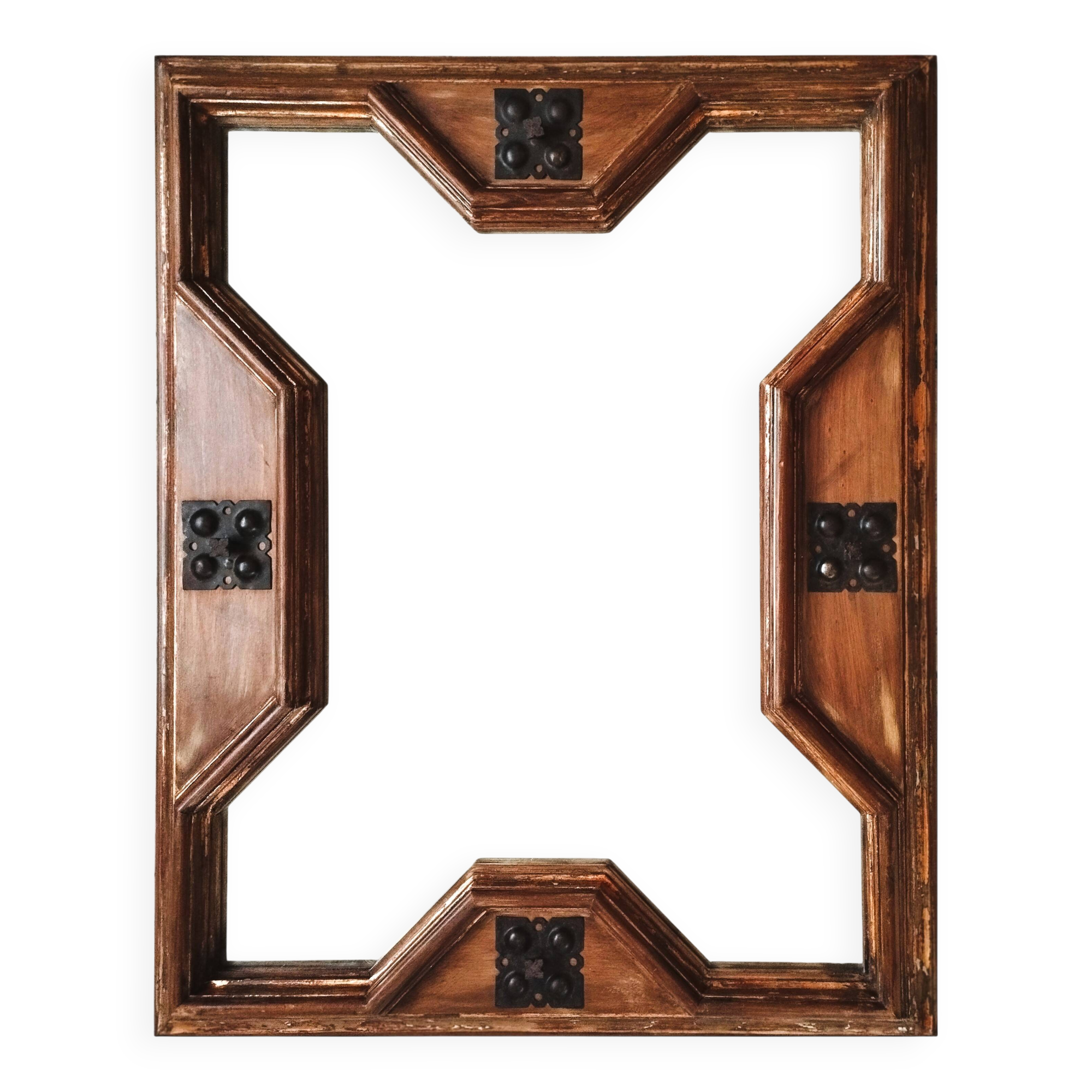 Miroir italien mid-century – cadre en bois patiné et éléments en fer forgé