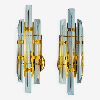 Pair of Venini wall lights, triedri glass, murano, Italy 1970