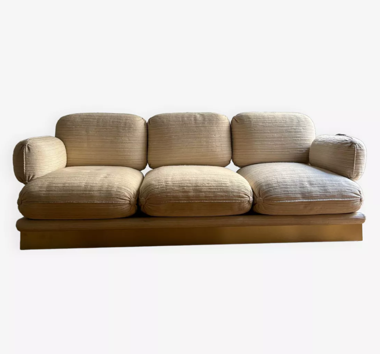 Vintage Thibier 3-seater sofa, beige fabric and brass, France 1978