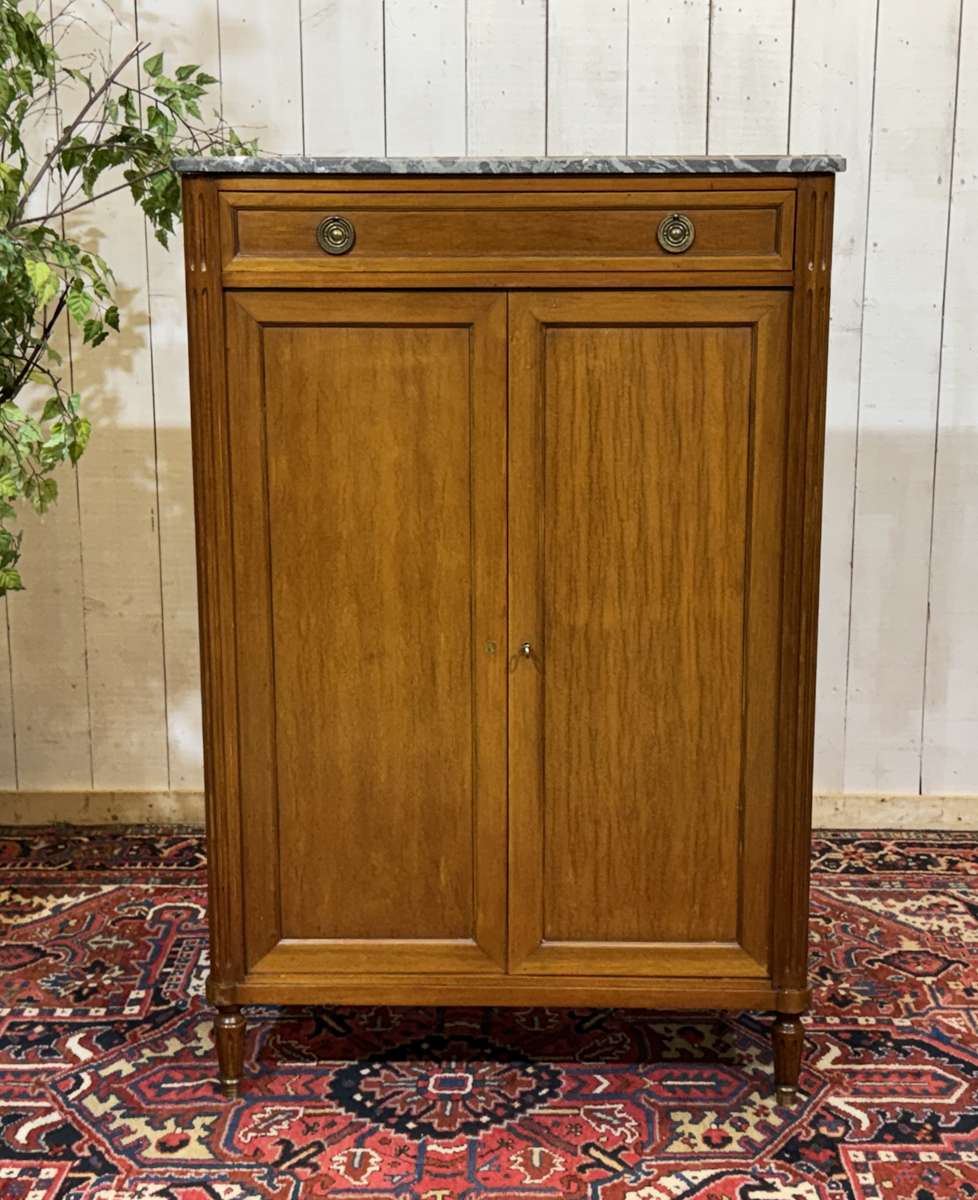 Small Louis XVI style cabinet in mahogany, oak, and marble top.