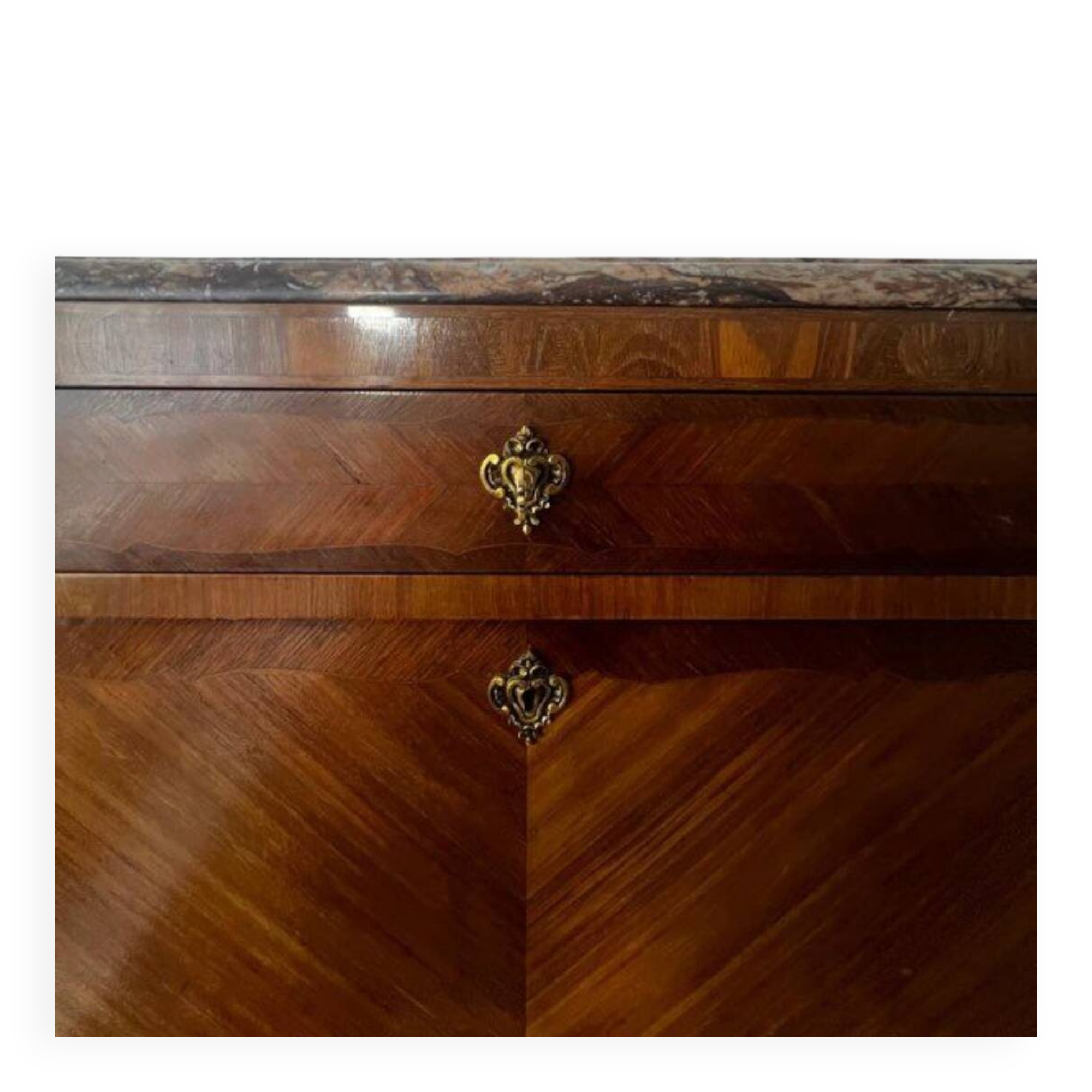 Louis XVI style secretary in marquetry, marble and bronze, 19th/20th century.