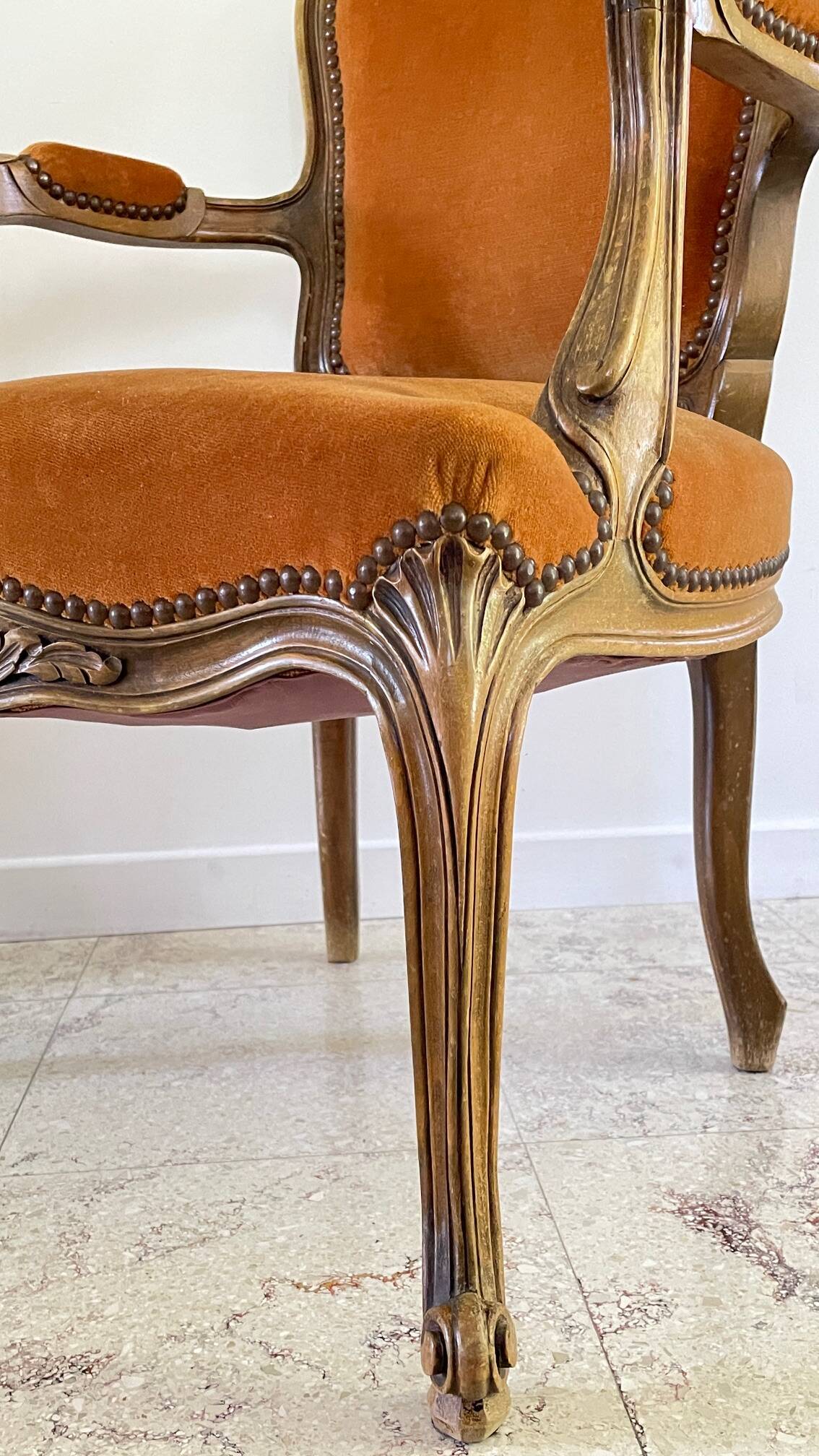 Vintage French Curry Velvet Cabriolet Armchair