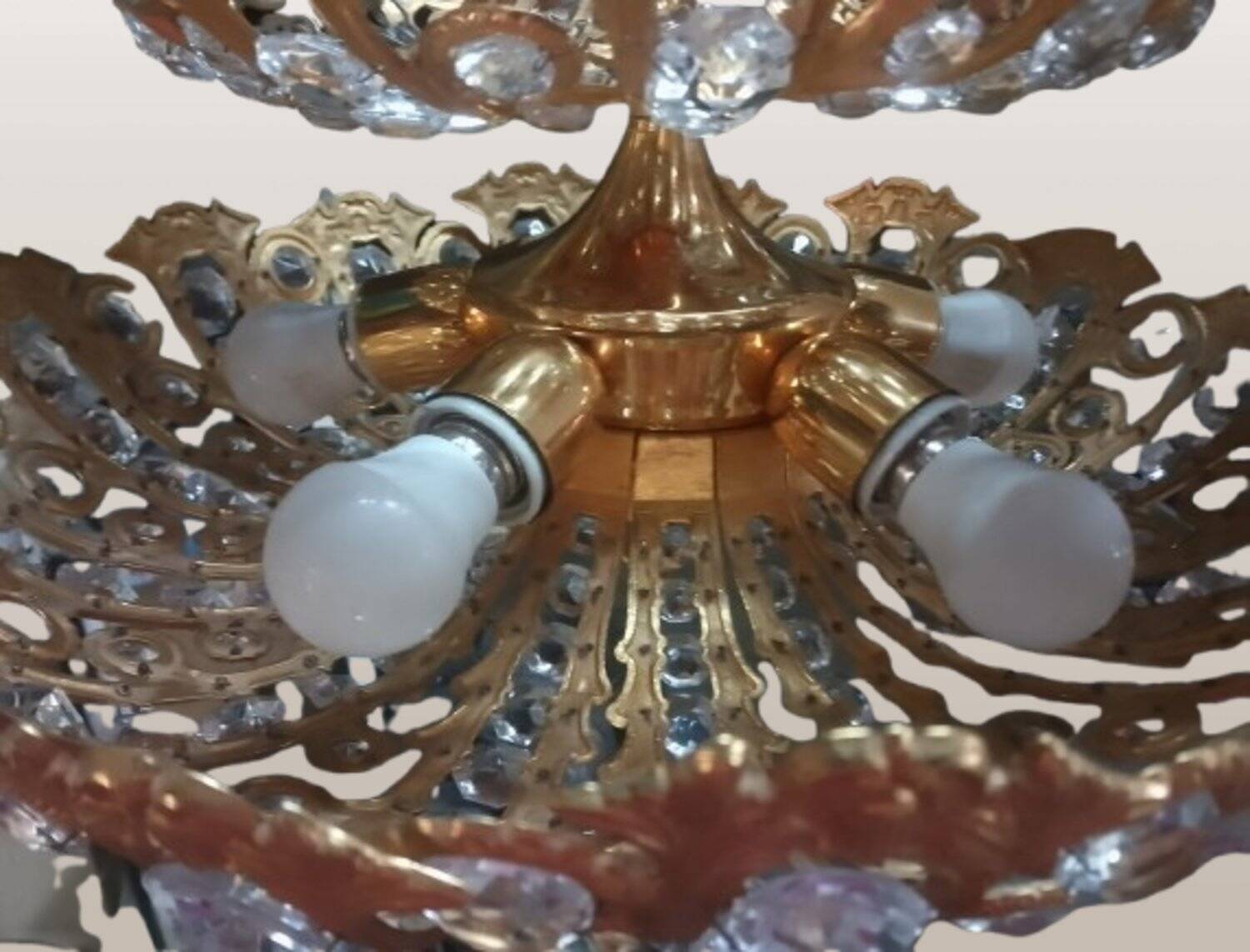 Hollywood Regency brass and crystal chandelier by Peris Andreu, 1970s.
