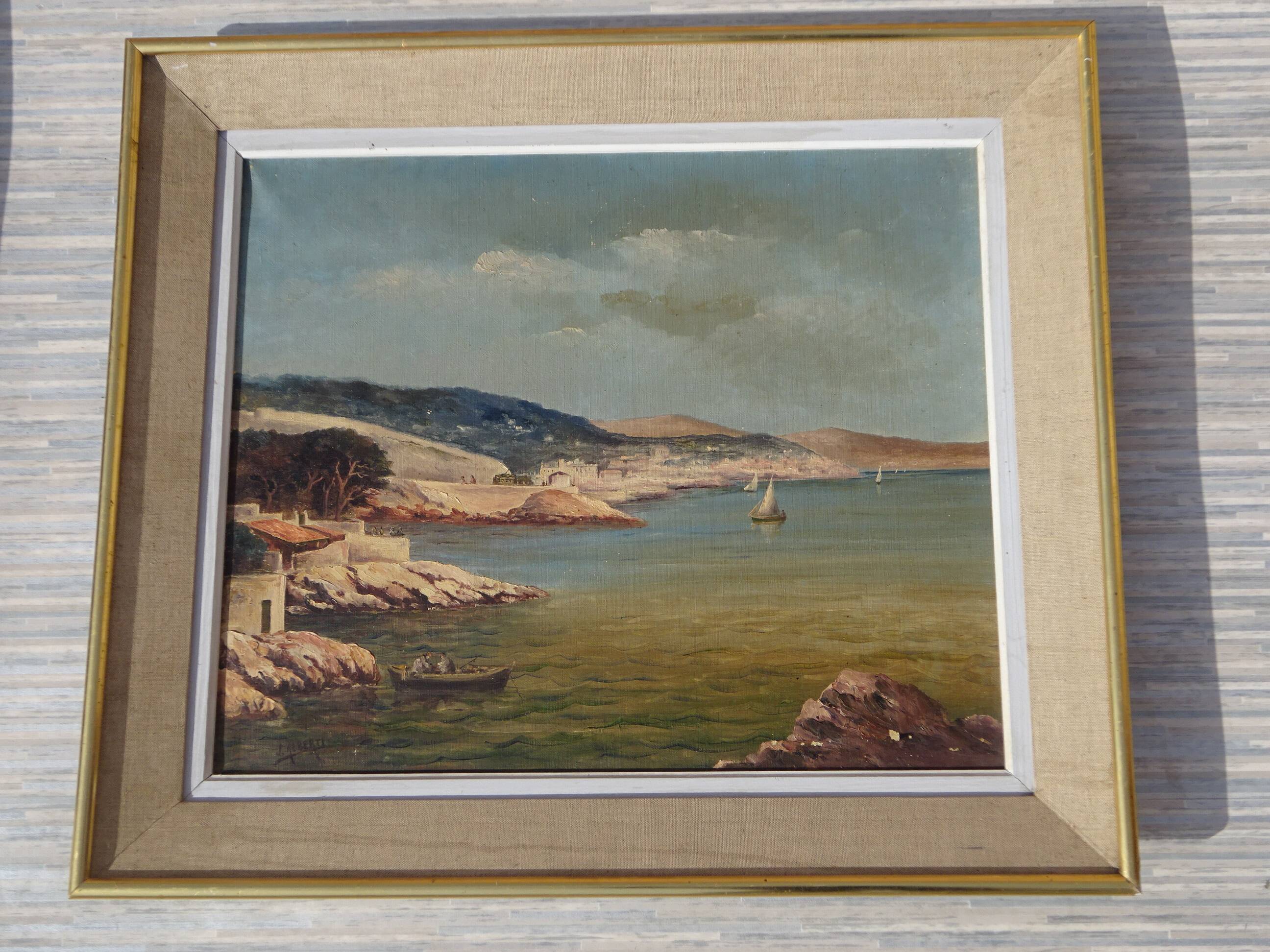 Huile sur toile du XIXème siècle, calanques, Méditerranée