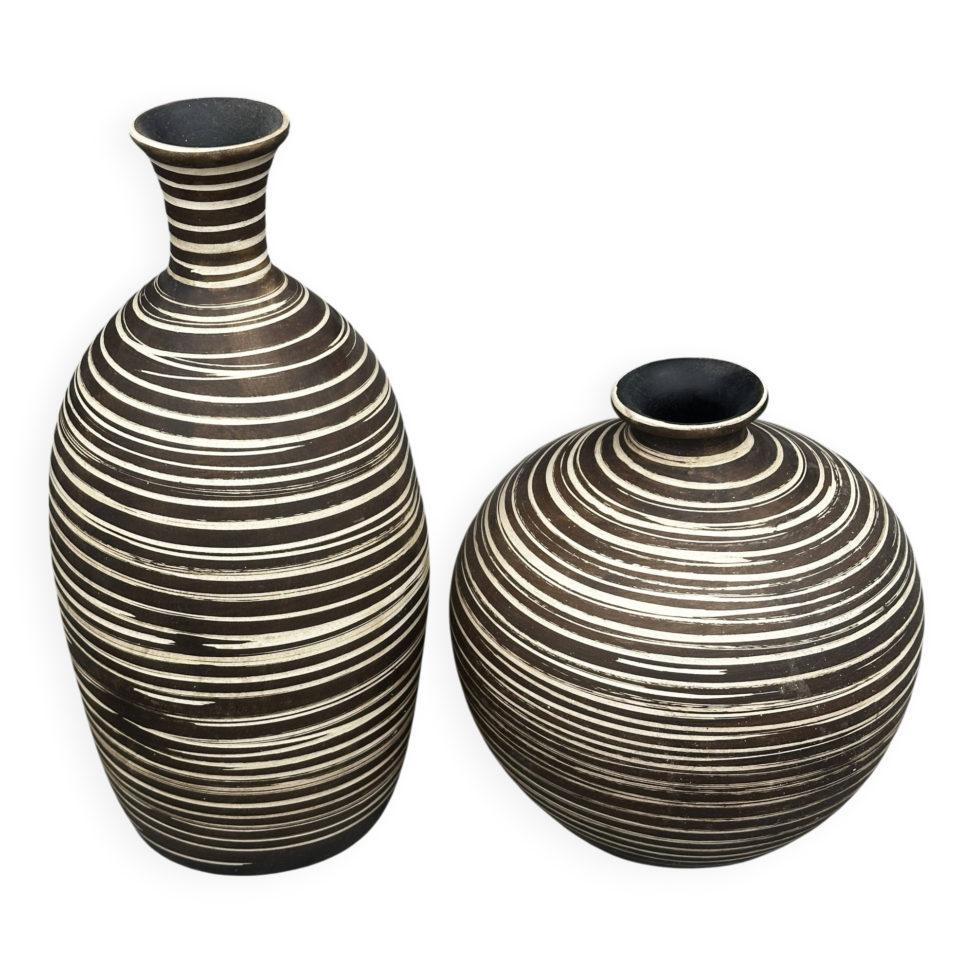 Two Vintage Ethnic Ceramic Vases in Cream and Brown Striped