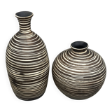 Two Vintage Ethnic Ceramic Vases in Cream and Brown Striped