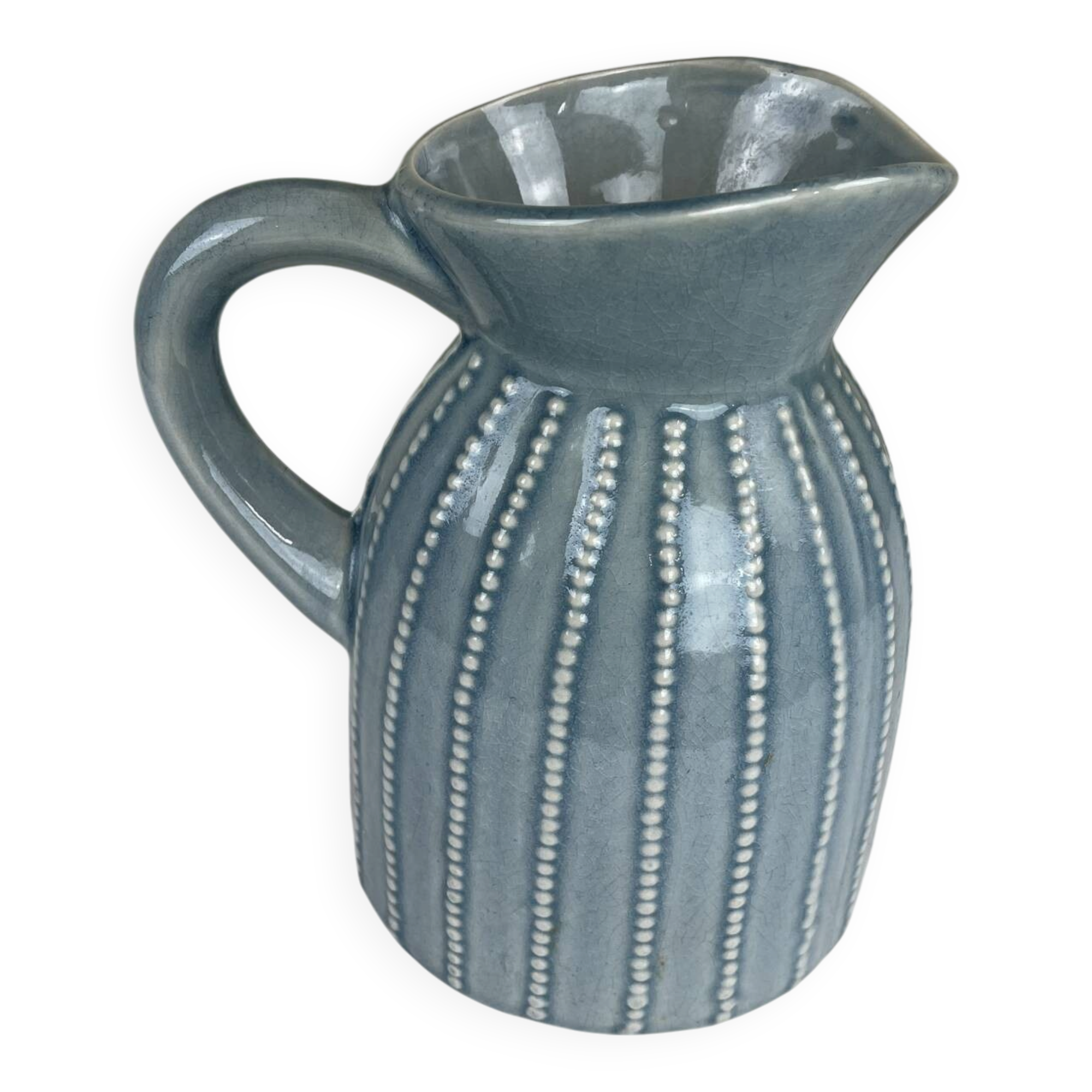 Large vintage pitcher in crackled celadon ceramic, beaded decoration.
