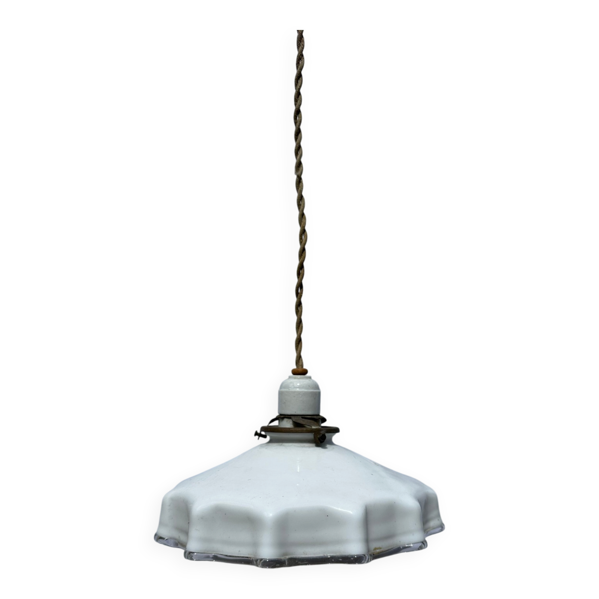 Vintage pleated opaline suspension with porcelain fittings.