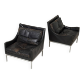 Paire de fauteuils de salon des années 50 en chrome et cuir patiné, Allemagne.