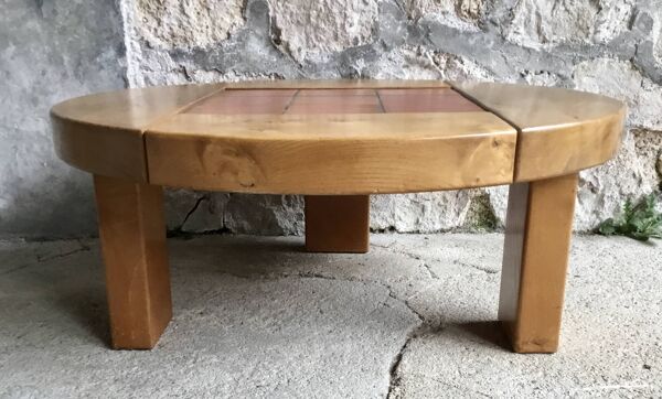 Table basse ronde en orme massif et tomettes - tripode - design 1970