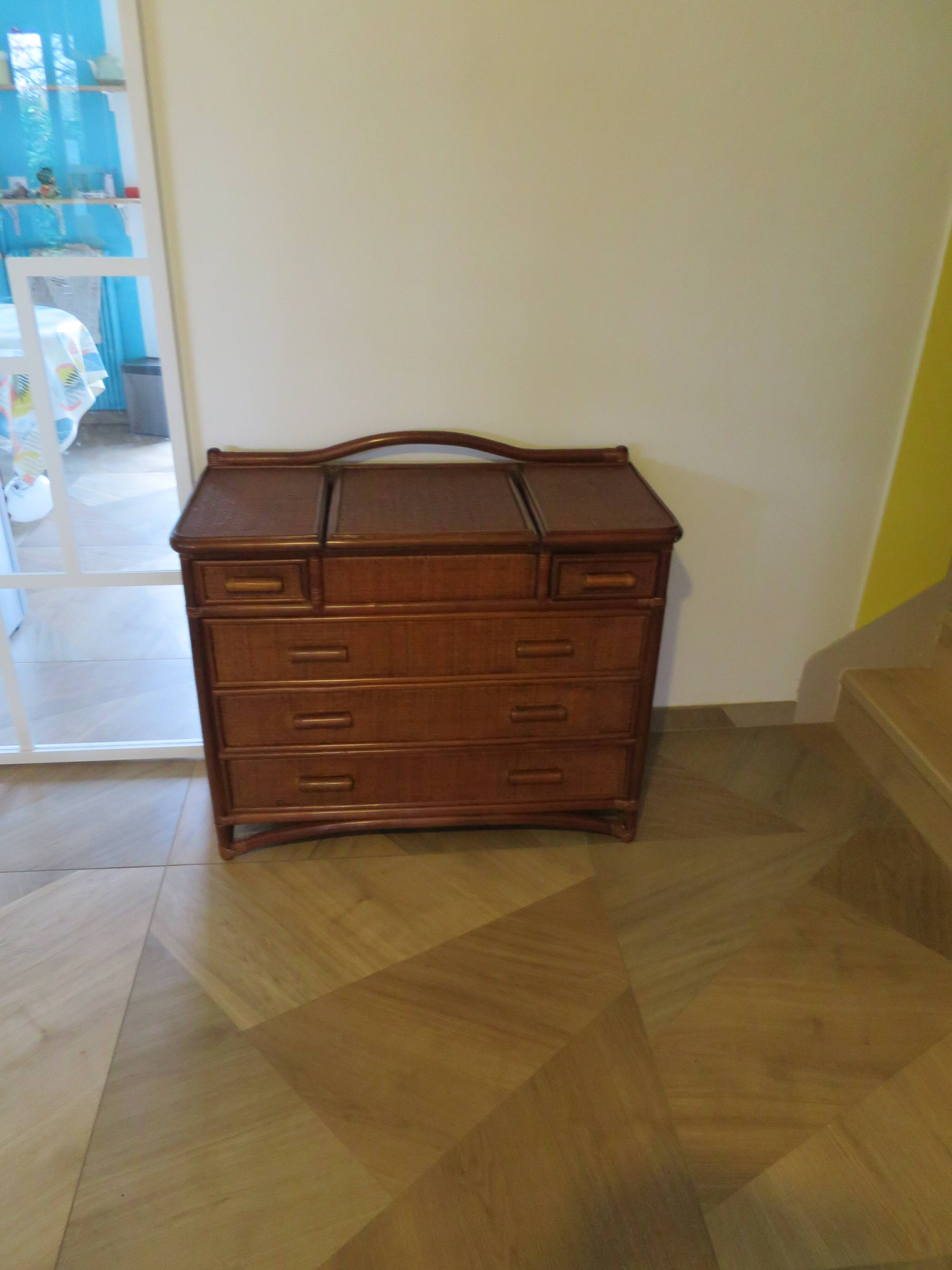 Vintage dressing table/chest - woven rattan - 5 drawers - mirror - 1960s/70s