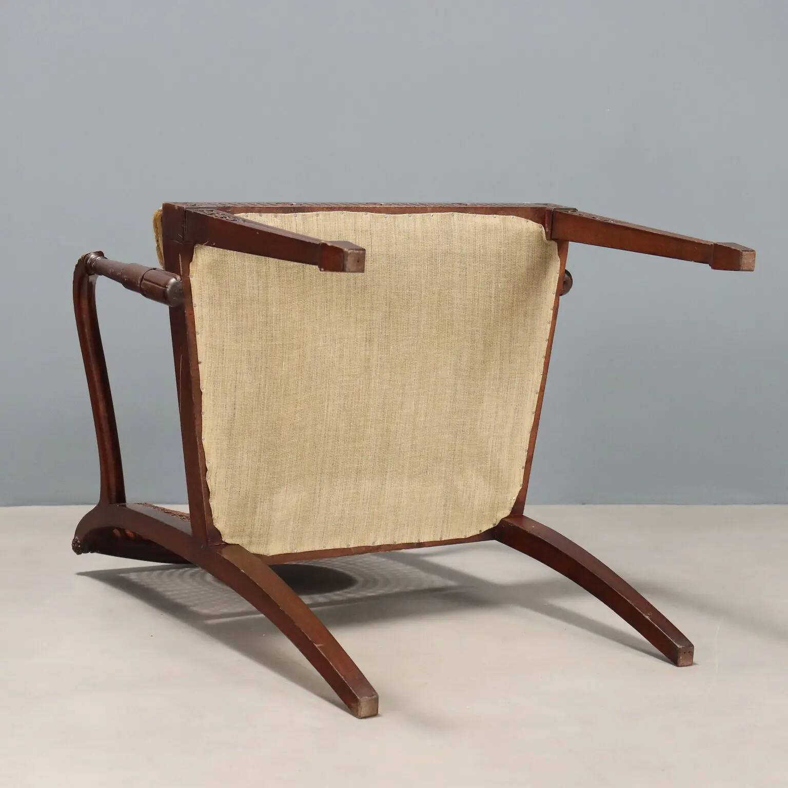 Antique beech armchair stained walnut and fabric, Italy, 19th century