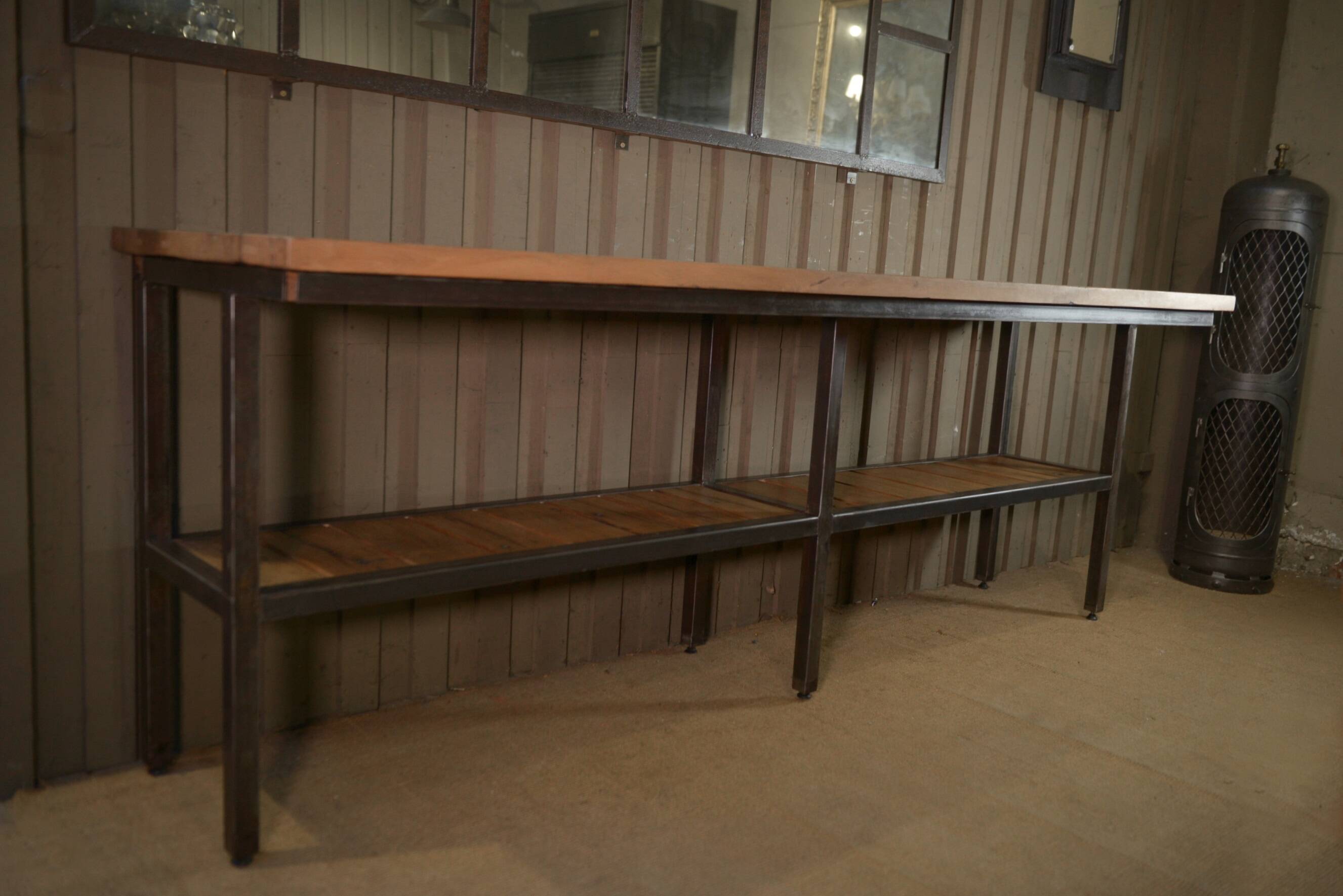 Large industrial metal console, 2 solid oak shelves