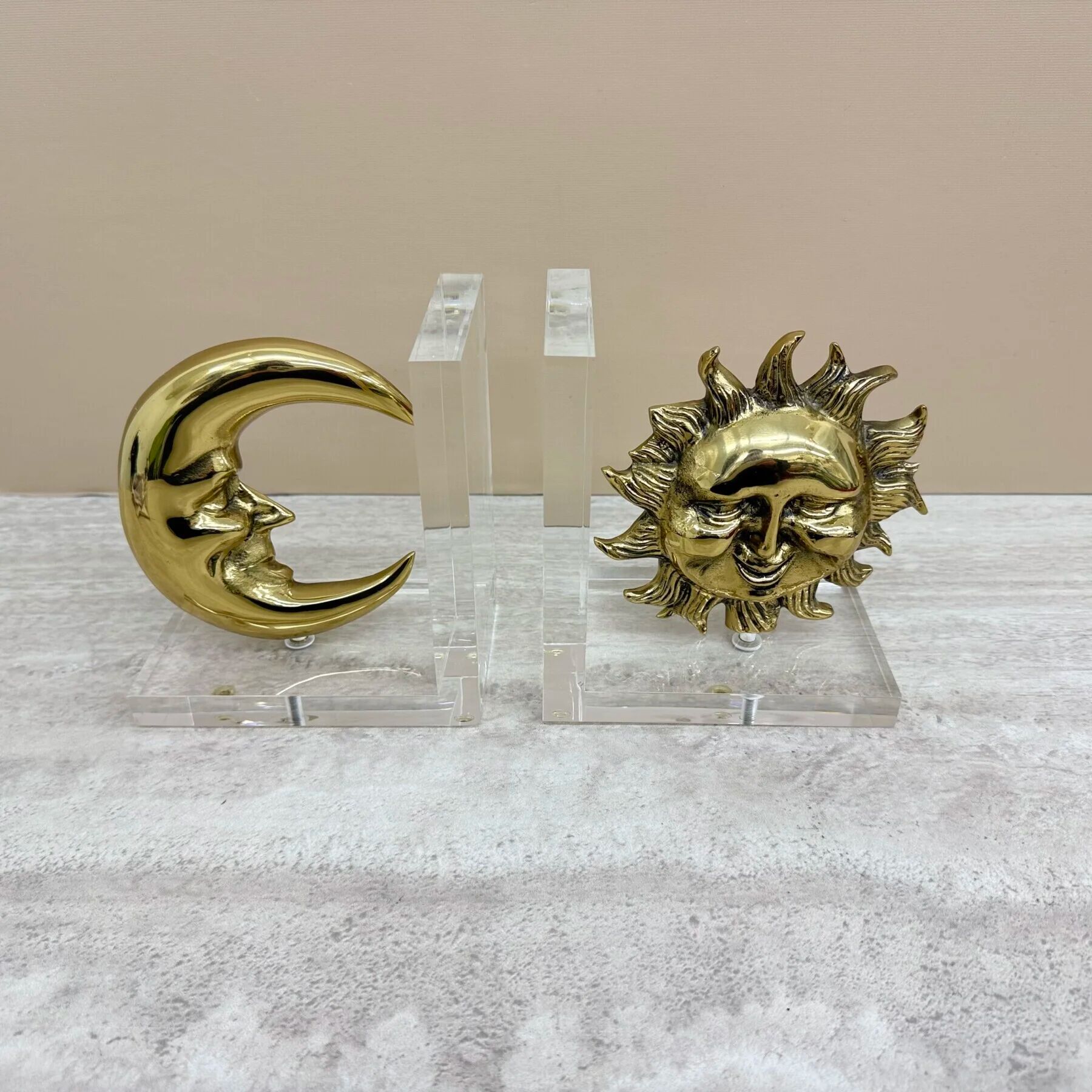 Vintage bookends sun and moon lucite and brass, 1970s