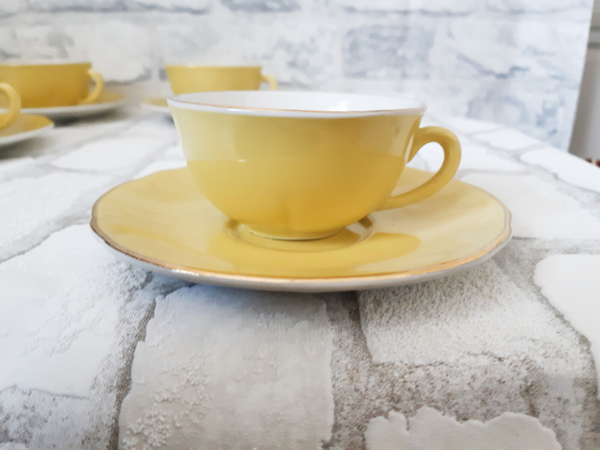 Yellow coffee cups Lunéville KG Badonwiller, antique French