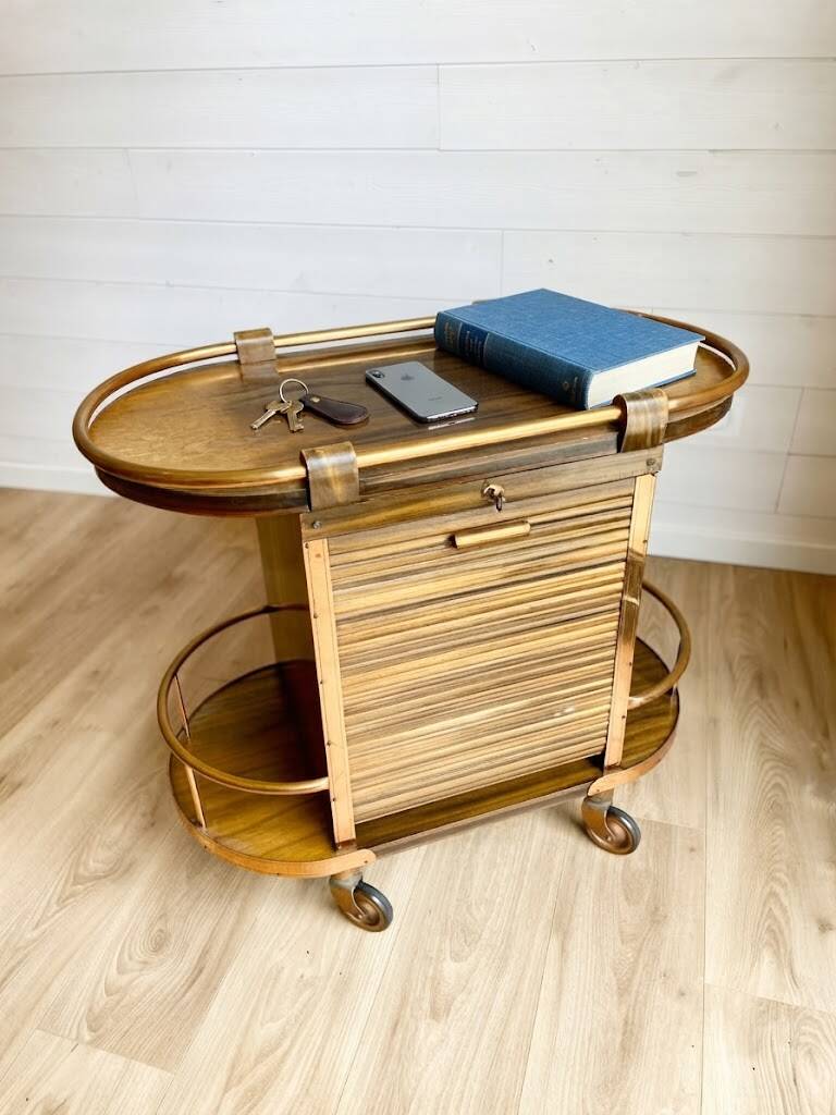 Bar cart / Vintage Art Deco service trolley – Wood and copper