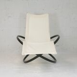 Chaise longue à bascule de Roger Lecal, modèle Jetstar, acier laqué marron et toile, France, 1975