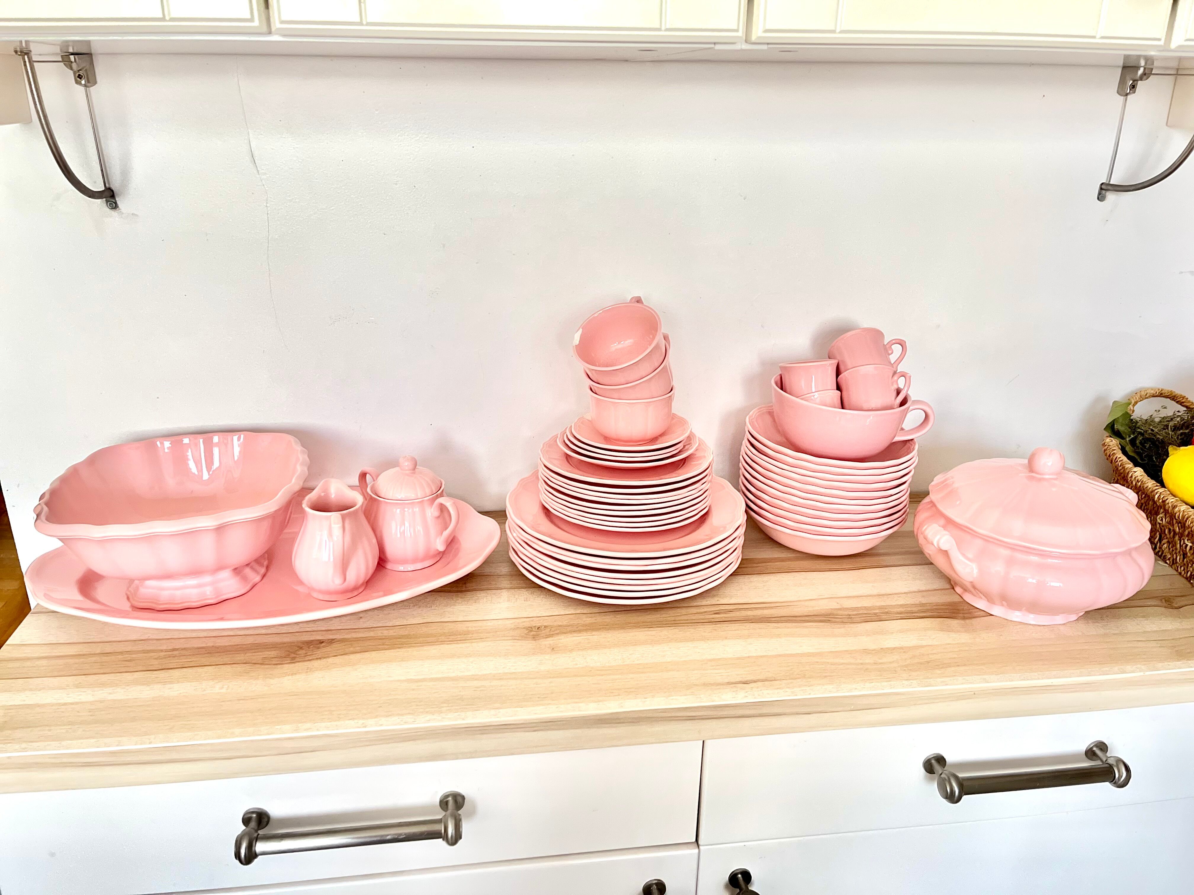 Lot of pink tableware "Faience de Salins" made in France