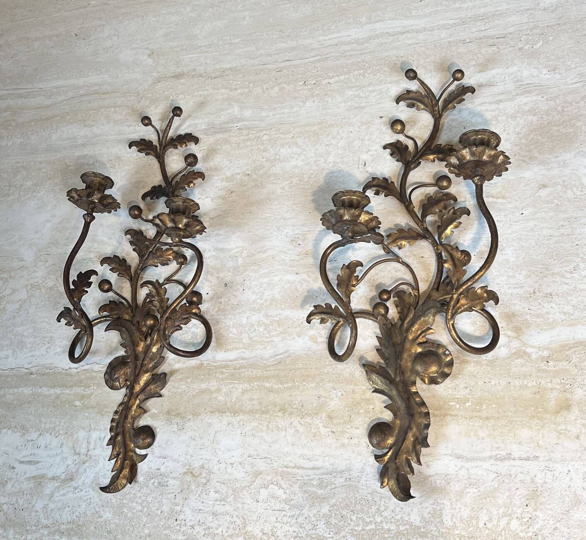 Pair of Two-Arm Wall Lights in Gold Metal with Leaf Decoration