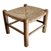 Vintage low stool in wood and straw – Woven straw seat