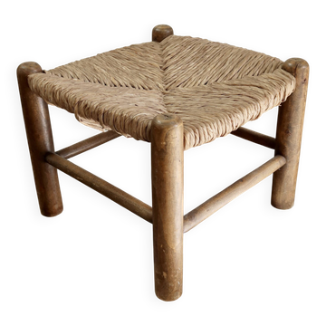 Tabouret bas vintage en bois et paille – Assise paillée tressée