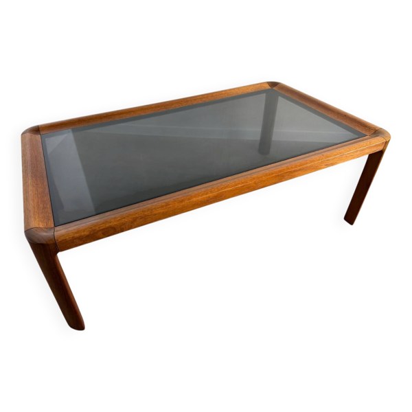 Grande table basse scandinave en teck et verre fumé