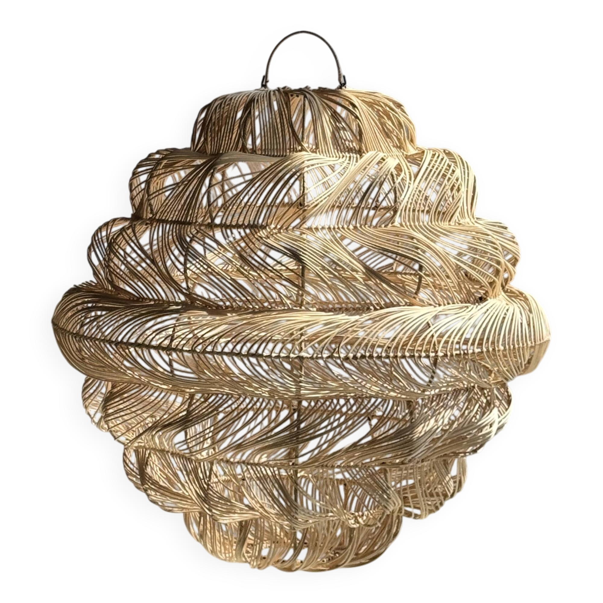 Suspension or rattan lampshade in an elongated spherical shape, layered H80 D