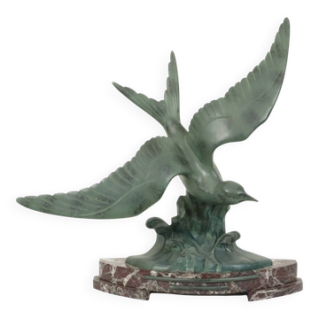 Sculpture Art Déco Goéland sur Socle en Marbre Patine Bronze 51 cm