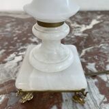 Alabaster lamp, twisted, gadroon decoration, gilded brass base, dolphins