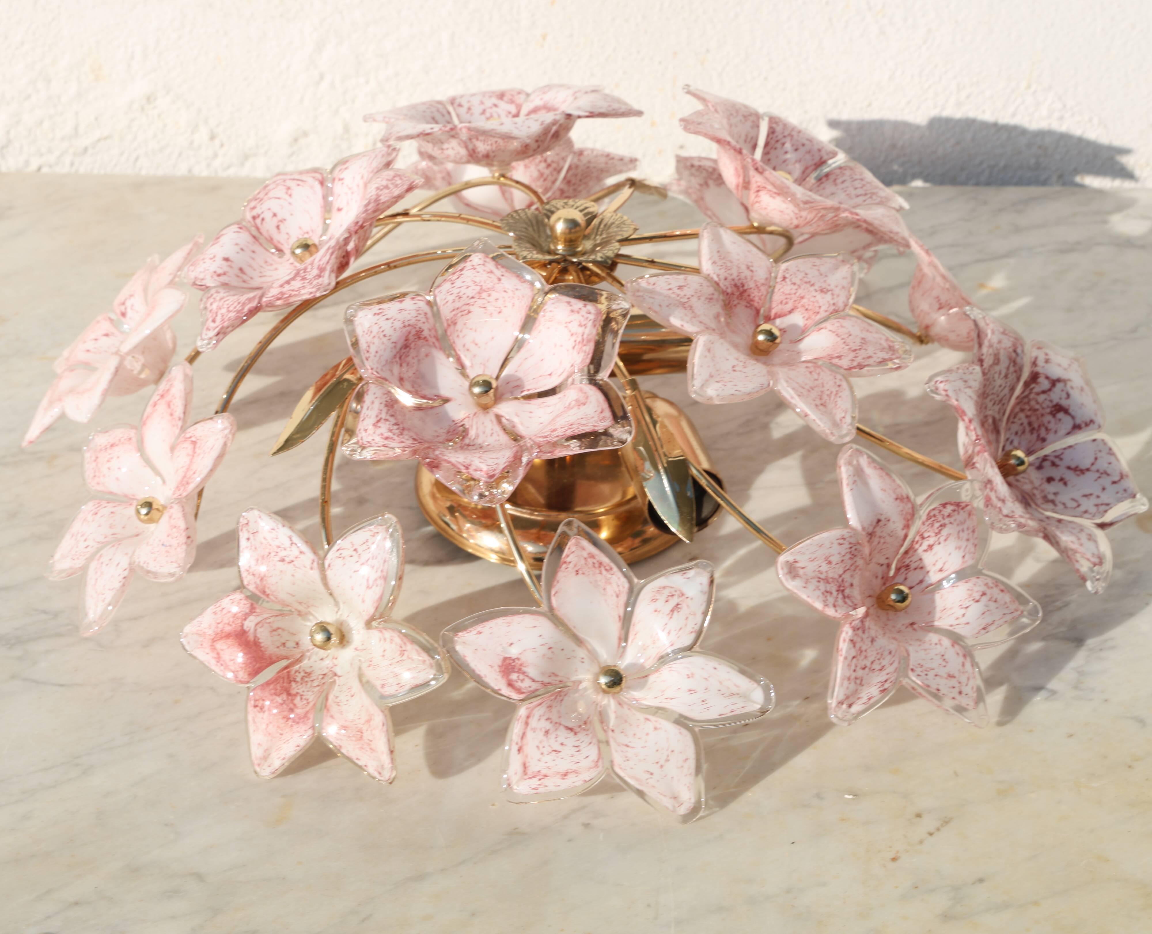 Lustre vintage Murano fleurs roses, années 1970