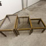 Set of 3 elm and smoked glass nesting tables 1970