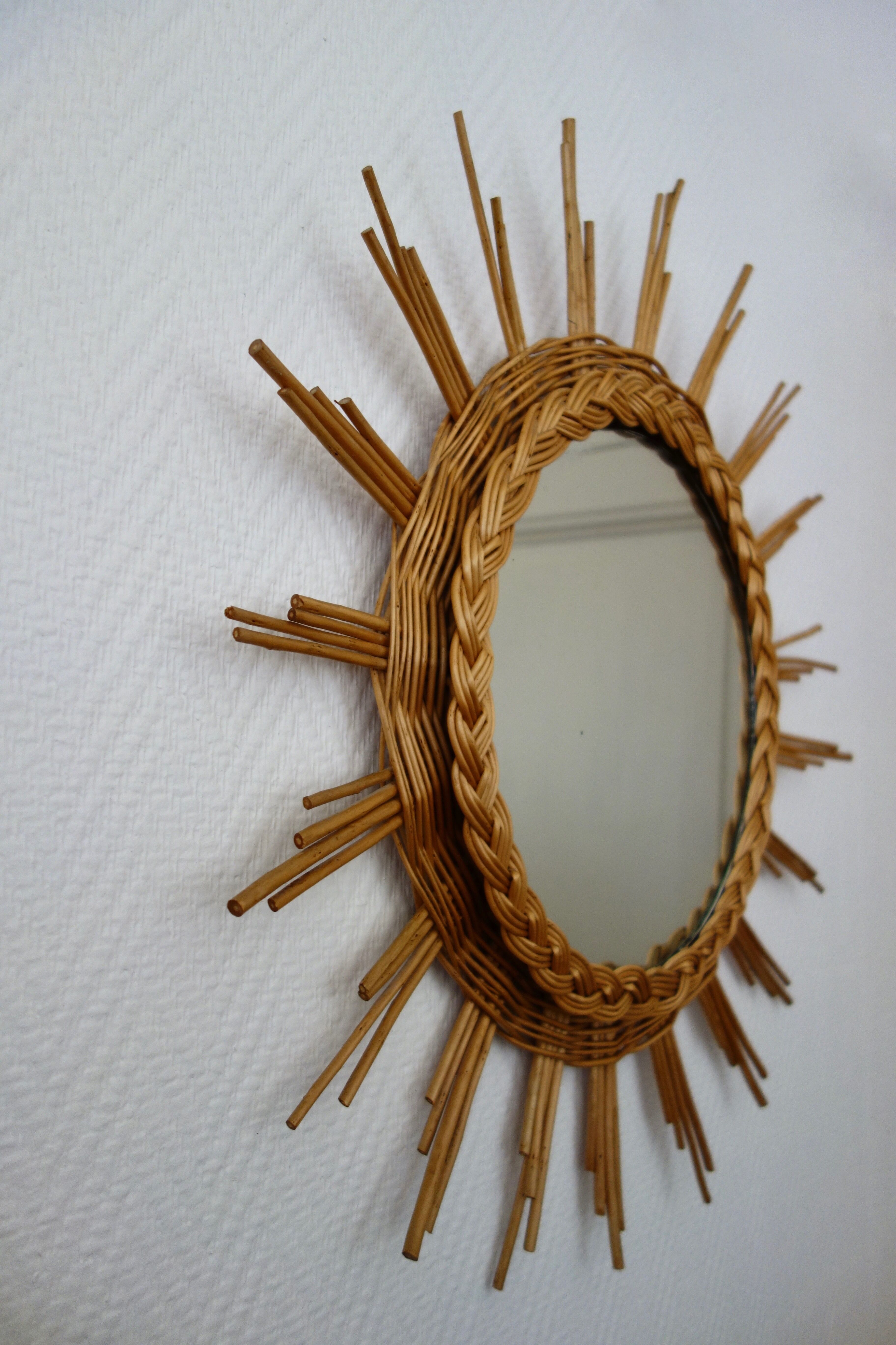 Vintage 60s braided Wicker rattan Sun mirror