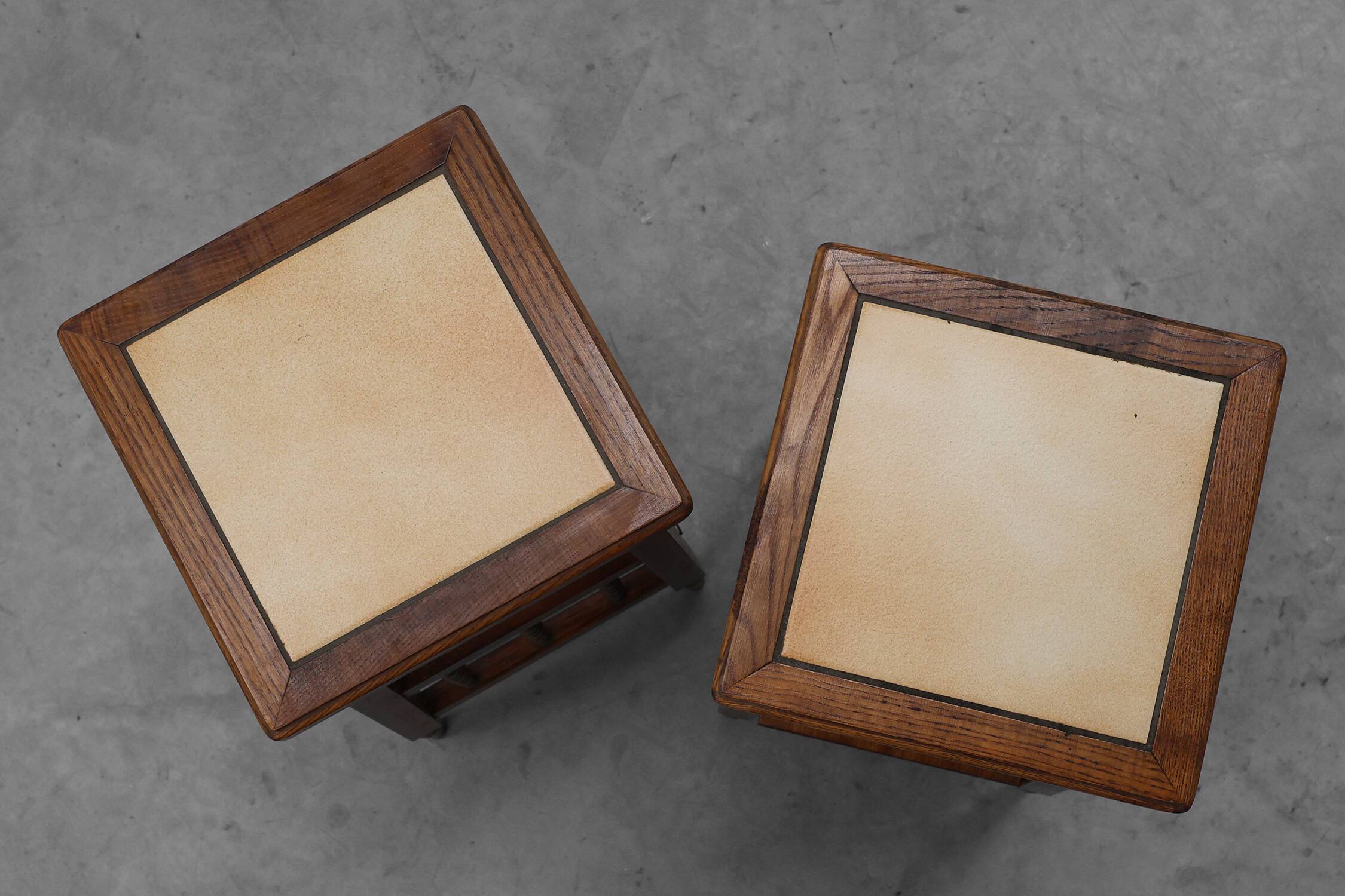 Pair of 20th century rustic wooden side tables with ceramic tile top