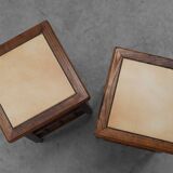 Pair of 20th century rustic wooden side tables with ceramic tile top